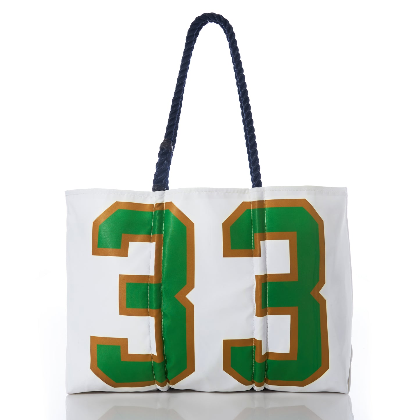 The Sea Bags Custom Superfan Large Tote, crafted from recycled sails, features a bold green and gold number 33 on the front with sturdy dark rope handles. Photographed against a white background, this stylish and eco-friendly white tote is perfect for anyone looking for a personalized team bag with a unique flair. by Sea Bags