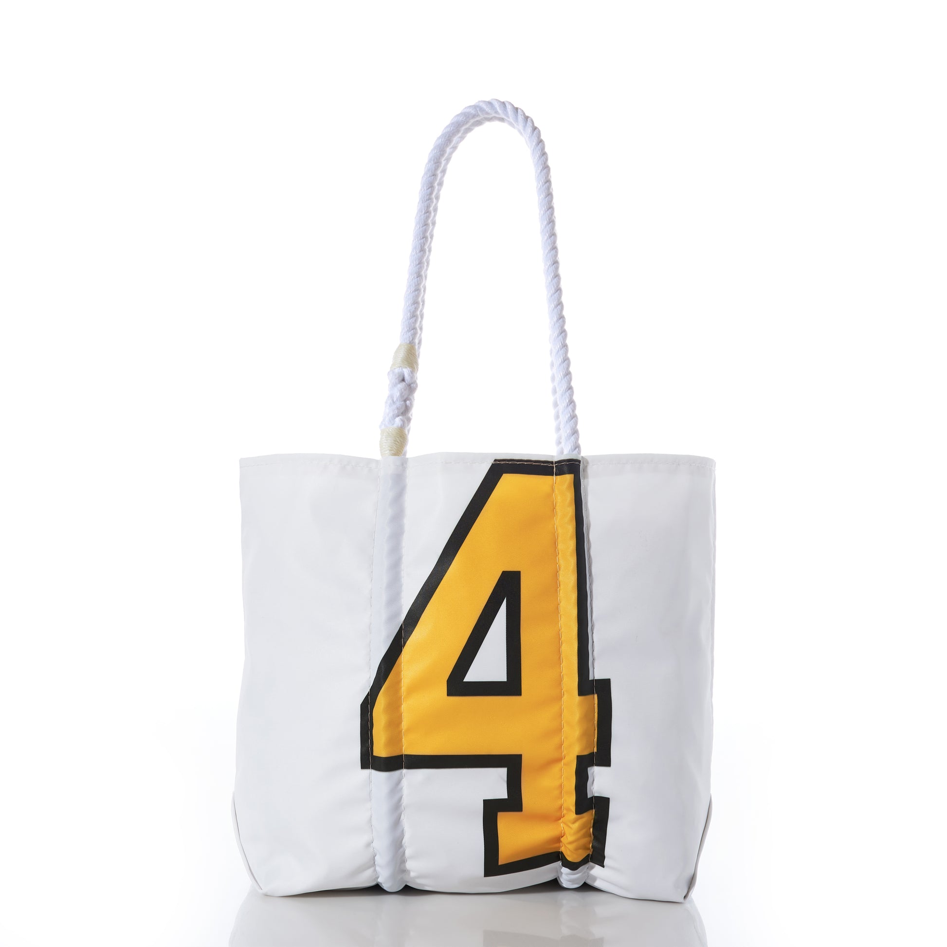 Introducing the Sea Bags Custom Superfan Medium Tote: crafted from recycled sails, this white tote features a bold yellow and black number 4 design and durable white rope handles—perfect for carrying your essentials. Shown on a clean white background. by Sea Bags