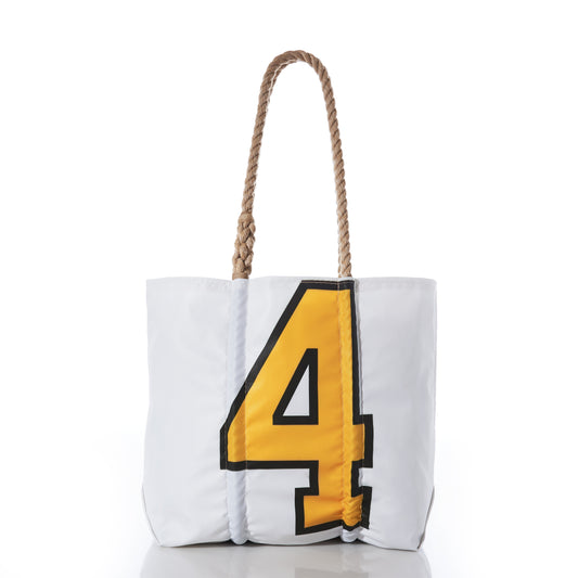 Custom Superfan Medium Tote by Sea Bags, featuring sturdy rope handles and crafted from recycled sails, with a bold yellow and black number 4 on the front. Displayed against a white background, this personalized tote makes the perfect team bag for any occasion. by Sea Bags