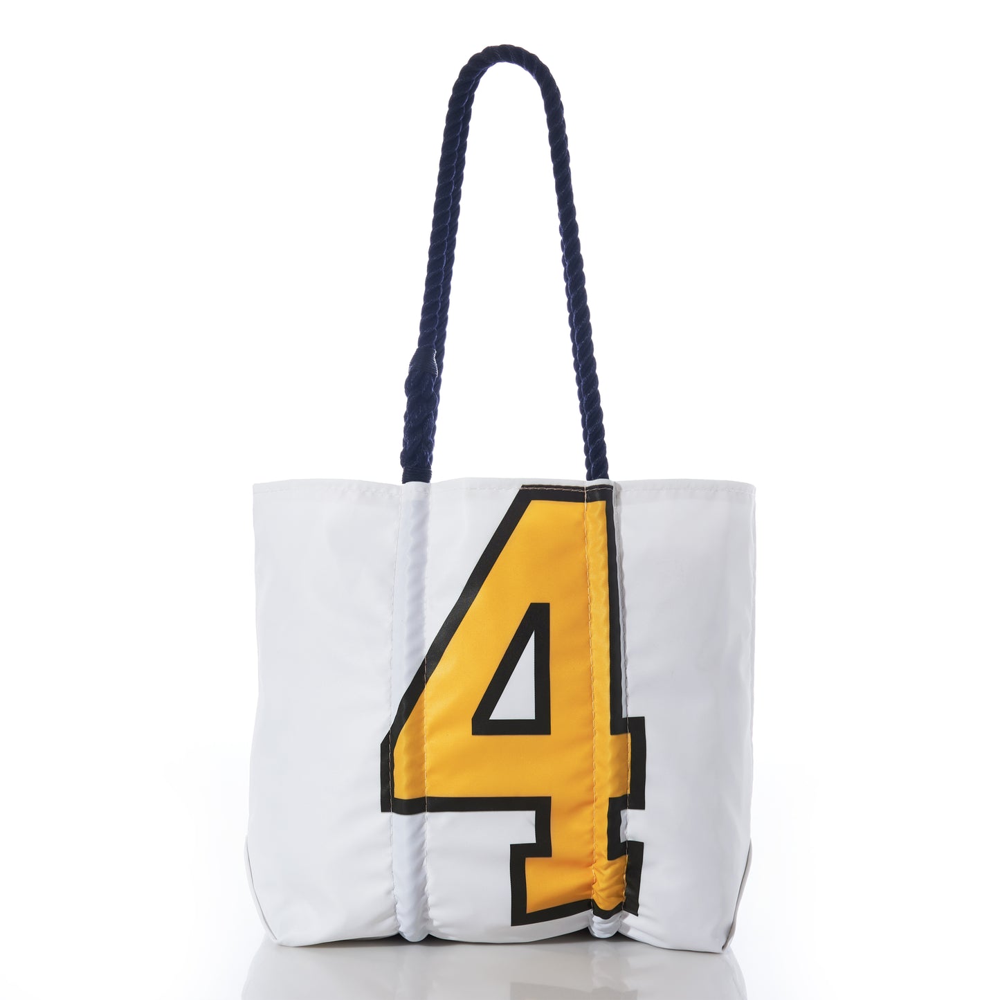 The Sea Bags Custom Superfan Medium Tote is crafted from recycled sails for a unique look, featuring a large yellow number 4 on the front and dark blue braided handles. The tote is photographed on a white background. by Sea Bags