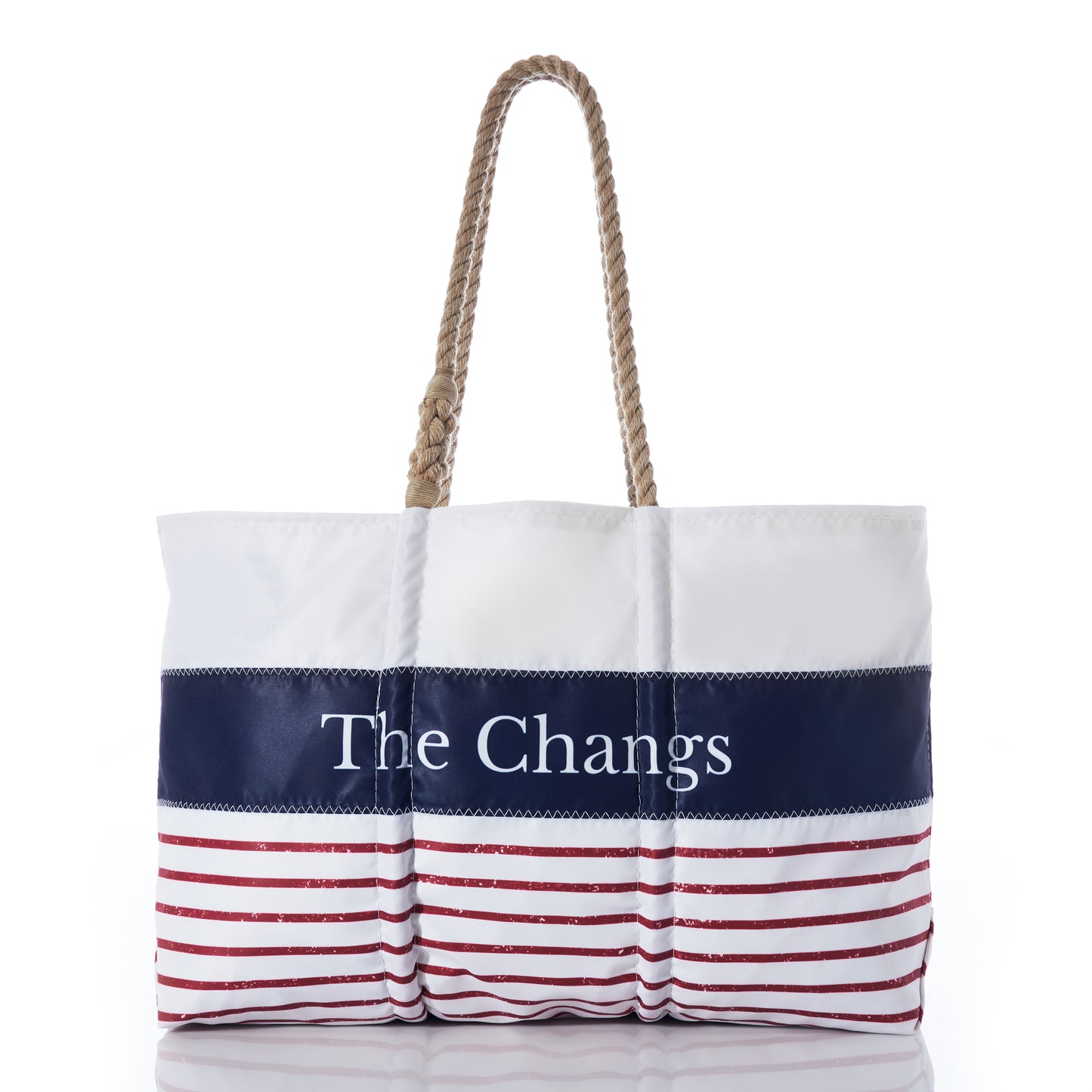 Sea Bags Custom Mariner Stripe Tote: a white and red striped bag with a navy blue band, personalized with The Changs, featuring sturdy rope handles and classic nautical styling. by Sea Bags