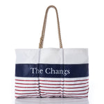 Sea Bags Custom Mariner Stripe Tote: a white and red striped bag with a navy blue band, personalized with The Changs, featuring sturdy rope handles and classic nautical styling. by Sea Bags