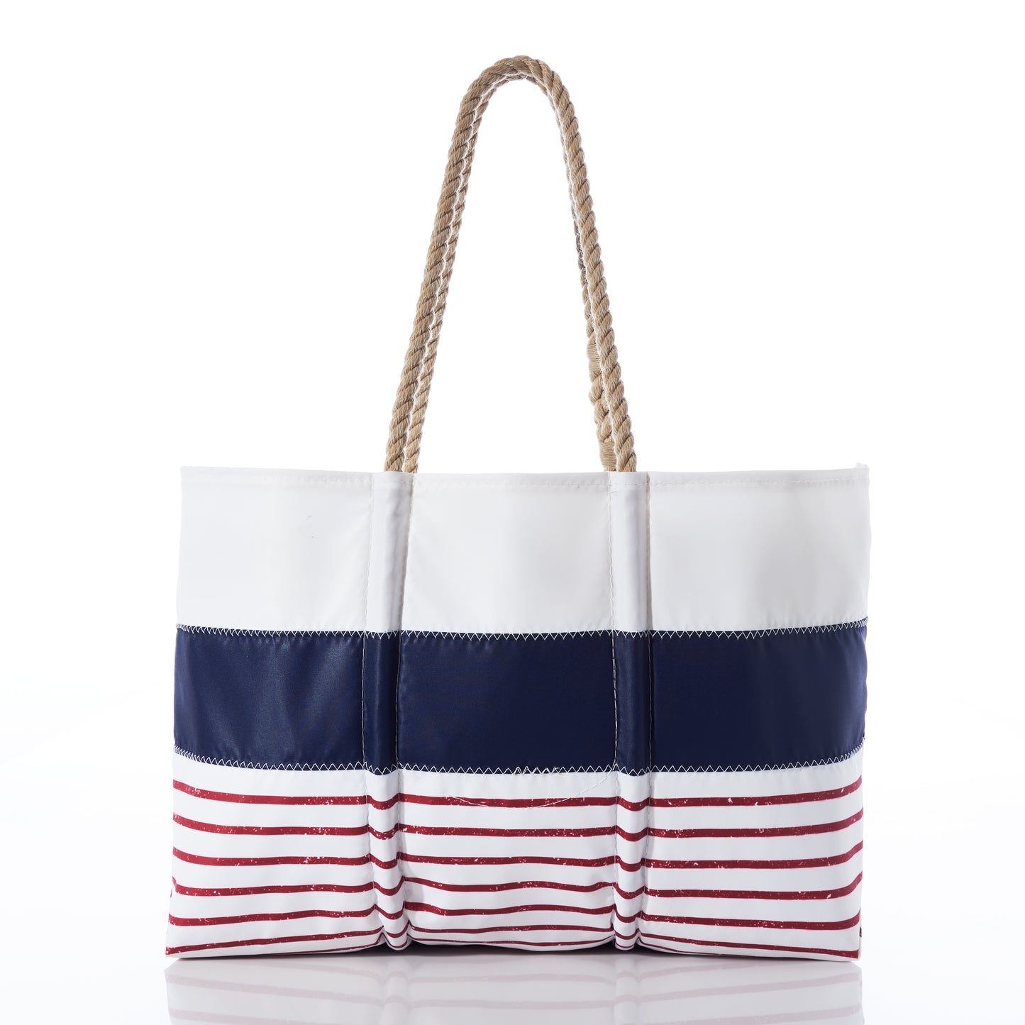 Introducing the Sea Bags Custom Mariner Stripe Tote—a nautical-inspired bag with rope handles and bold horizontal stripes in white, navy blue, and red on a crisp white background. by Sea Bags