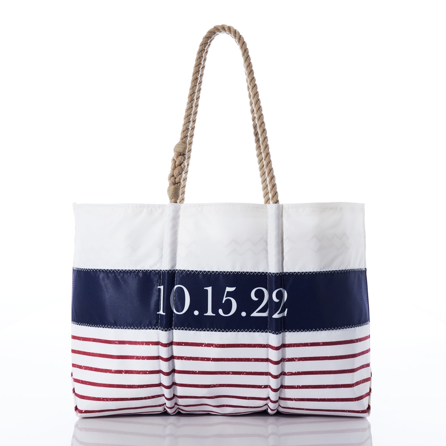 Sea Bags Custom Mariner Stripe Tote featuring a white design with rope handles, a navy blue band displaying 10.15.22, and red horizontal stripes along the bottom. by Sea Bags