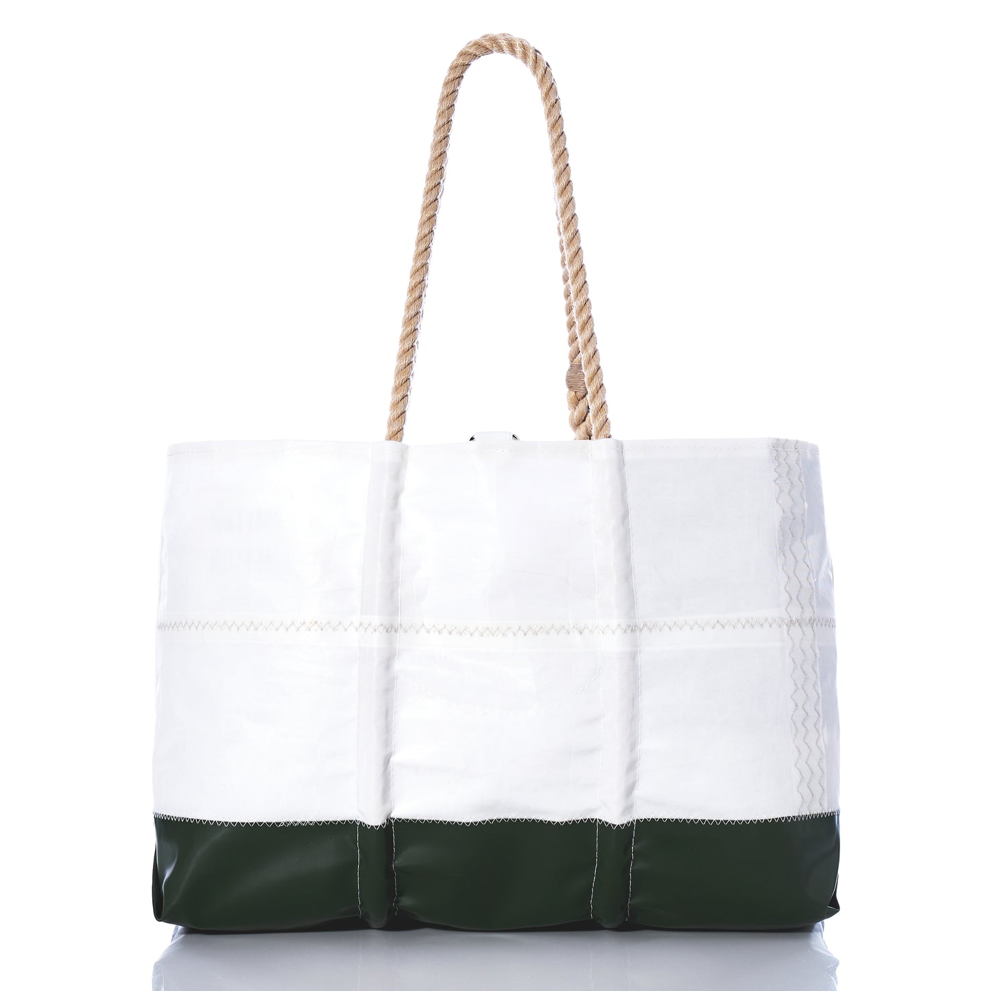 The Sea Bags Trapline Large Tote - Dark Green features a spacious white design with a dark green bottom, sturdy rope handles, and visible stitching. Made from recycled sail cloth and inspired by the rugged gear of Maine lobster fishermen, it’s shown against a white background. by Sea Bags