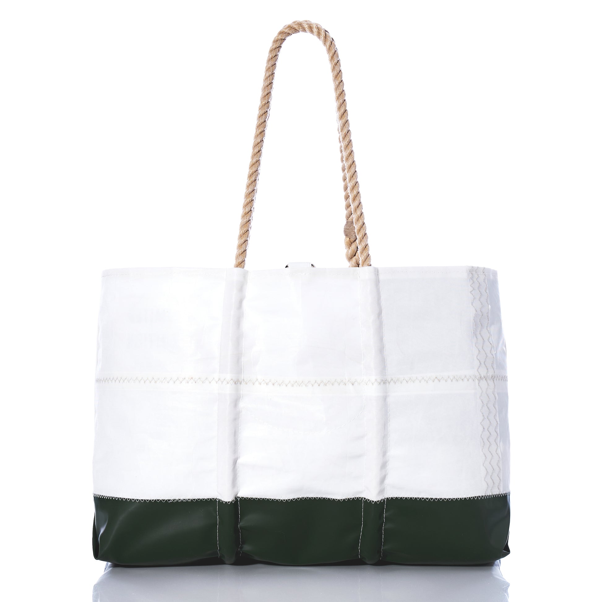 The Sea Bags Trapline Large Tote - Dark Green features a spacious white design with a dark green bottom, sturdy rope handles, and visible stitching. Made from recycled sail cloth and inspired by the rugged gear of Maine lobster fishermen, it’s shown against a white background. by Sea Bags