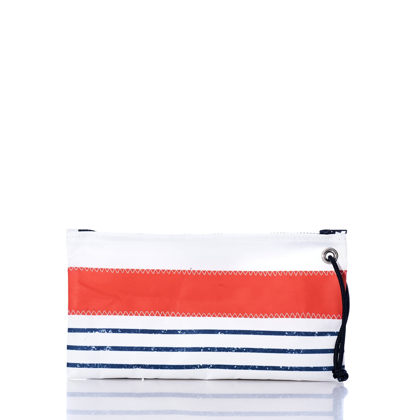 Trapline Mariner Stripe Large Wristlet - Orange by Sea Bags: a rectangular pouch crafted from recycled sail cloth, showcasing a bold orange horizontal stripe and blue and white stripes at the bottom, finished with a black drawstring on the right side—an ocean-inspired wristlet set against a white background. by Sea Bags