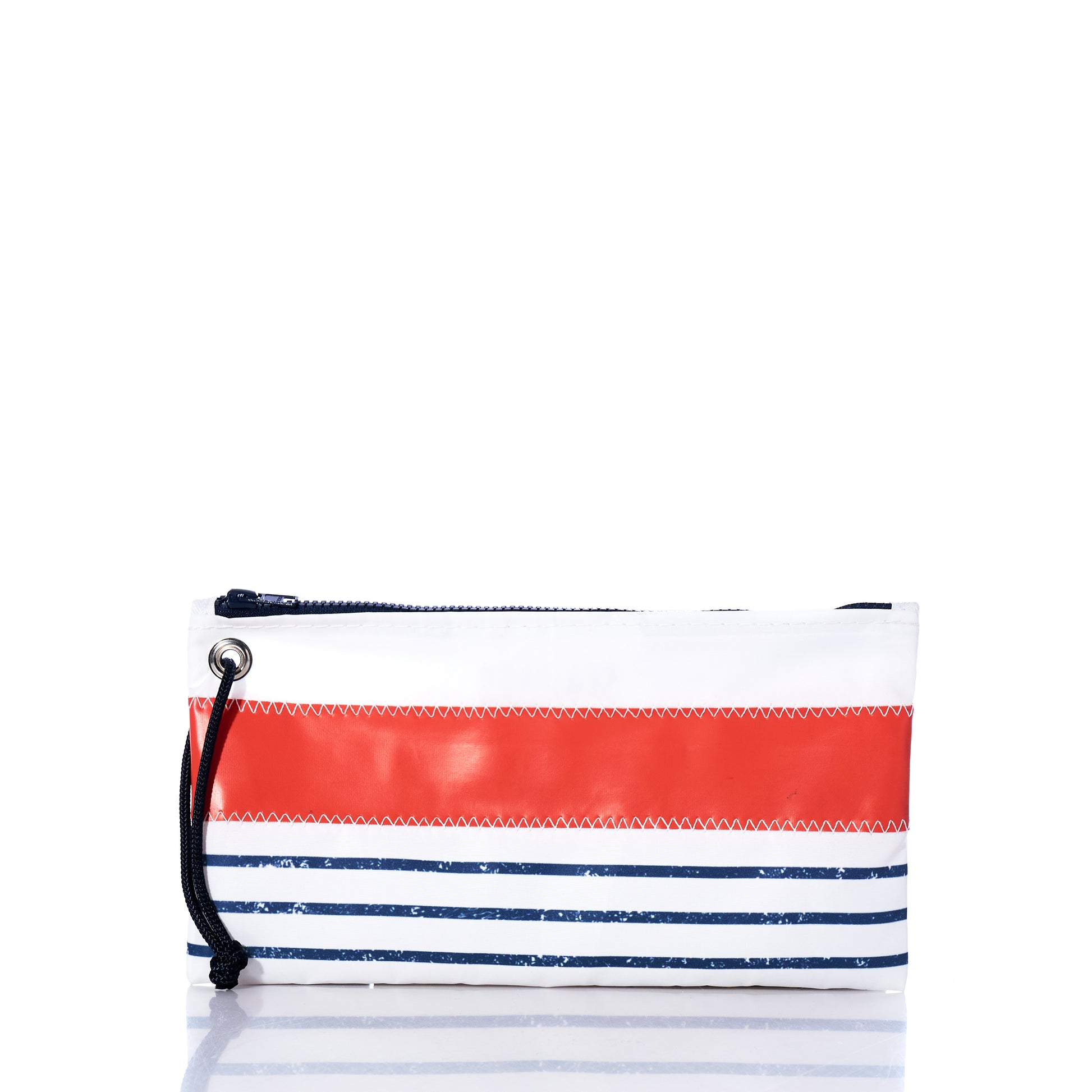 This rectangular zippered pouch features a white background with an orange stripe near the top and blue horizontal stripes at the bottom. Crafted from recycled sail cloth by Sea Bags, the Trapline Mariner Stripe Large Wristlet - Orange combines durability with nautical style. by Sea Bags