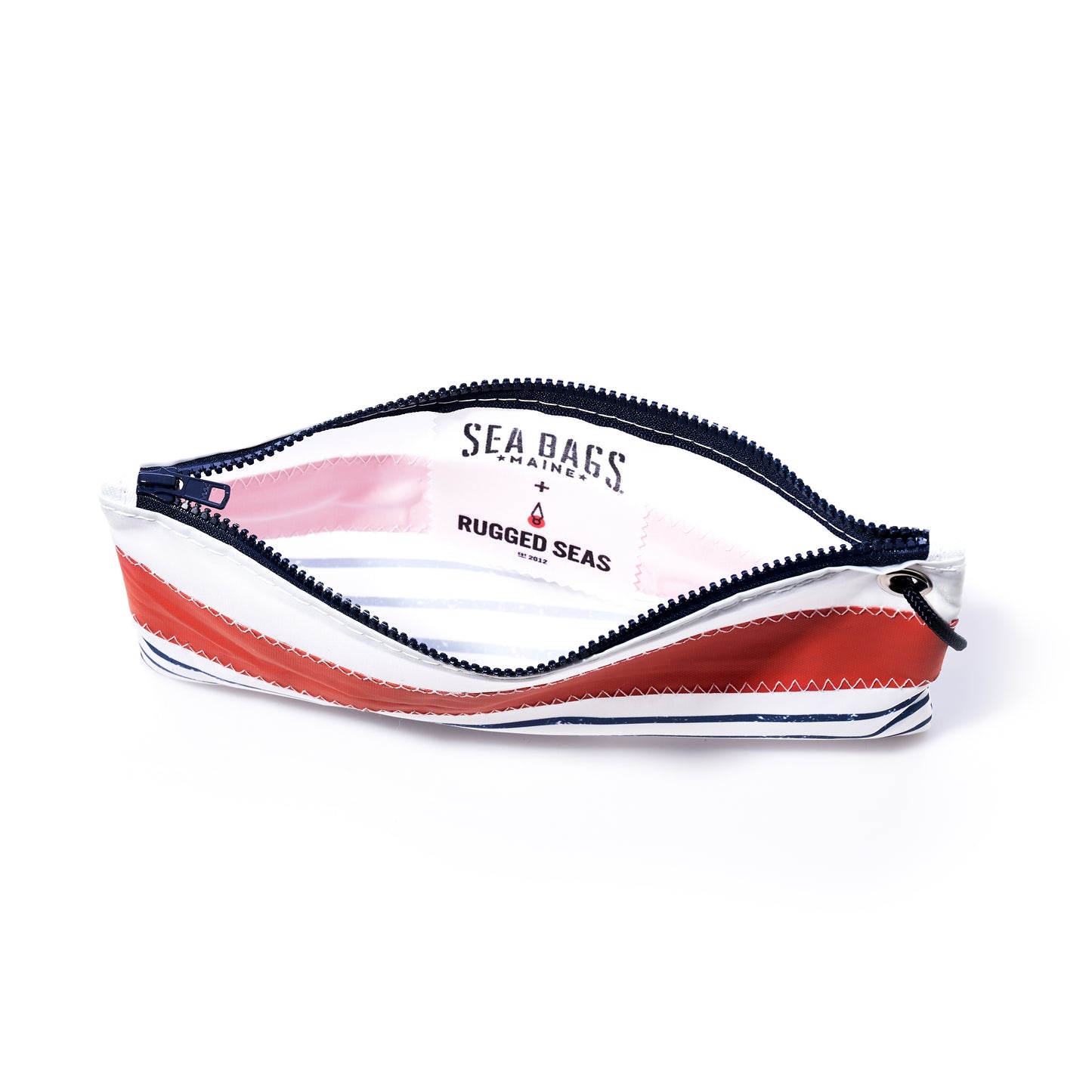 A large zippered wristlet crafted from recycled sail cloth in vibrant orange and accented with mariner stripes, featuring the Sea Bags brand on the inside lining—an ocean-inspired accessory perfect for your coastal adventures. by Sea Bags