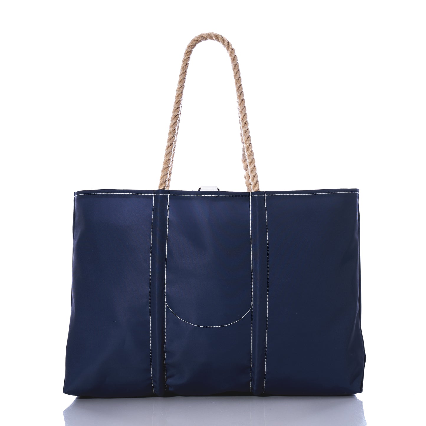 The Sea Bags Custom Family Gift Tote - Navy features white stitching and two rope handles and is crafted from recycled sail cloth, shown against a white background. by Sea Bags
