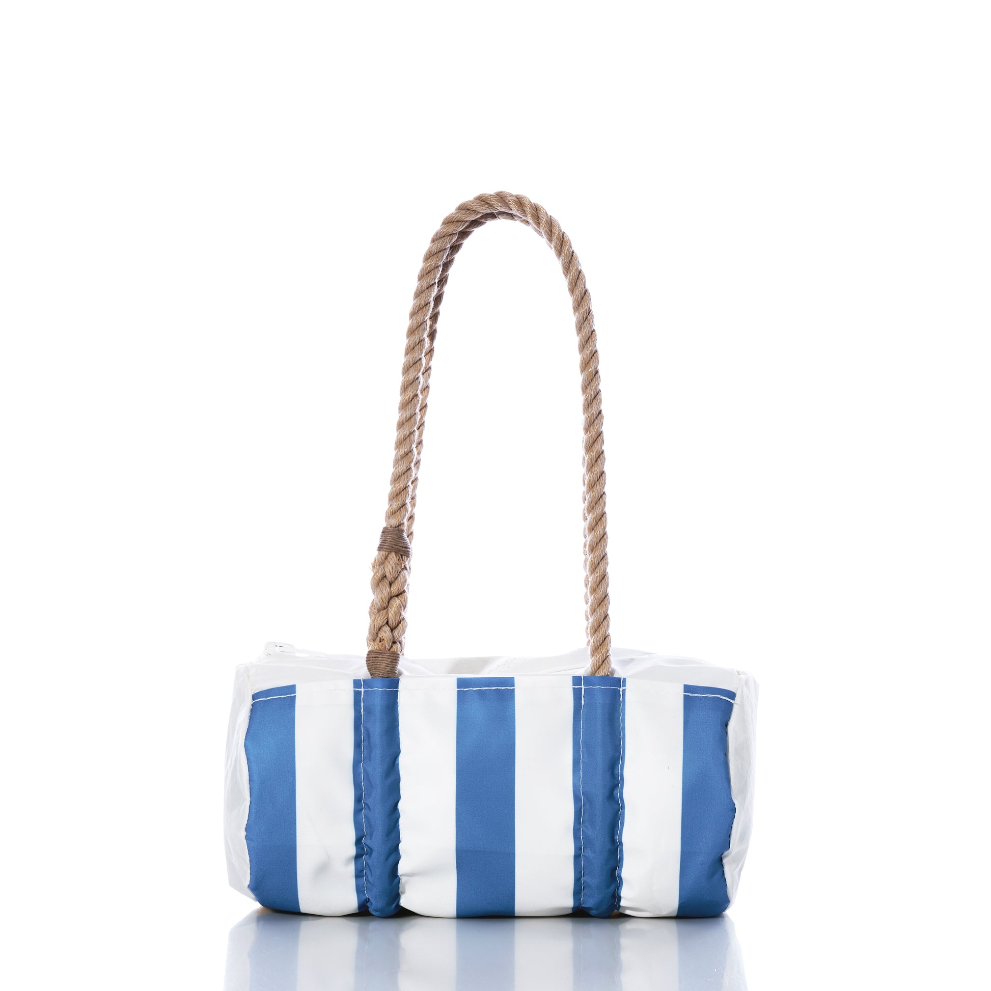 The Sun  Sea Stripe Baguette Bag by Sea Bags features blue and white nautical stripes and braided rope handles, shown isolated against a white background. by Sea Bags