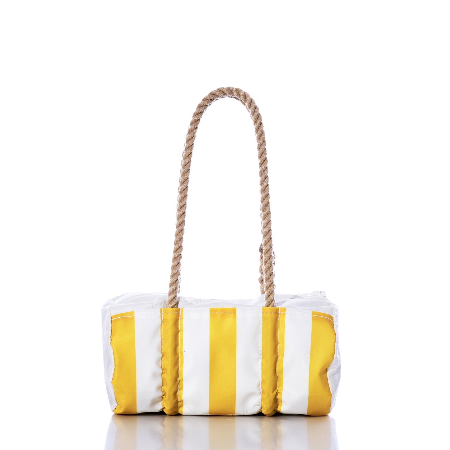 The Sun  Sea Stripe Baguette Bag by Sea Bags, featuring bold yellow and white nautical stripes and rope handles, is displayed against a white background. by Sea Bags