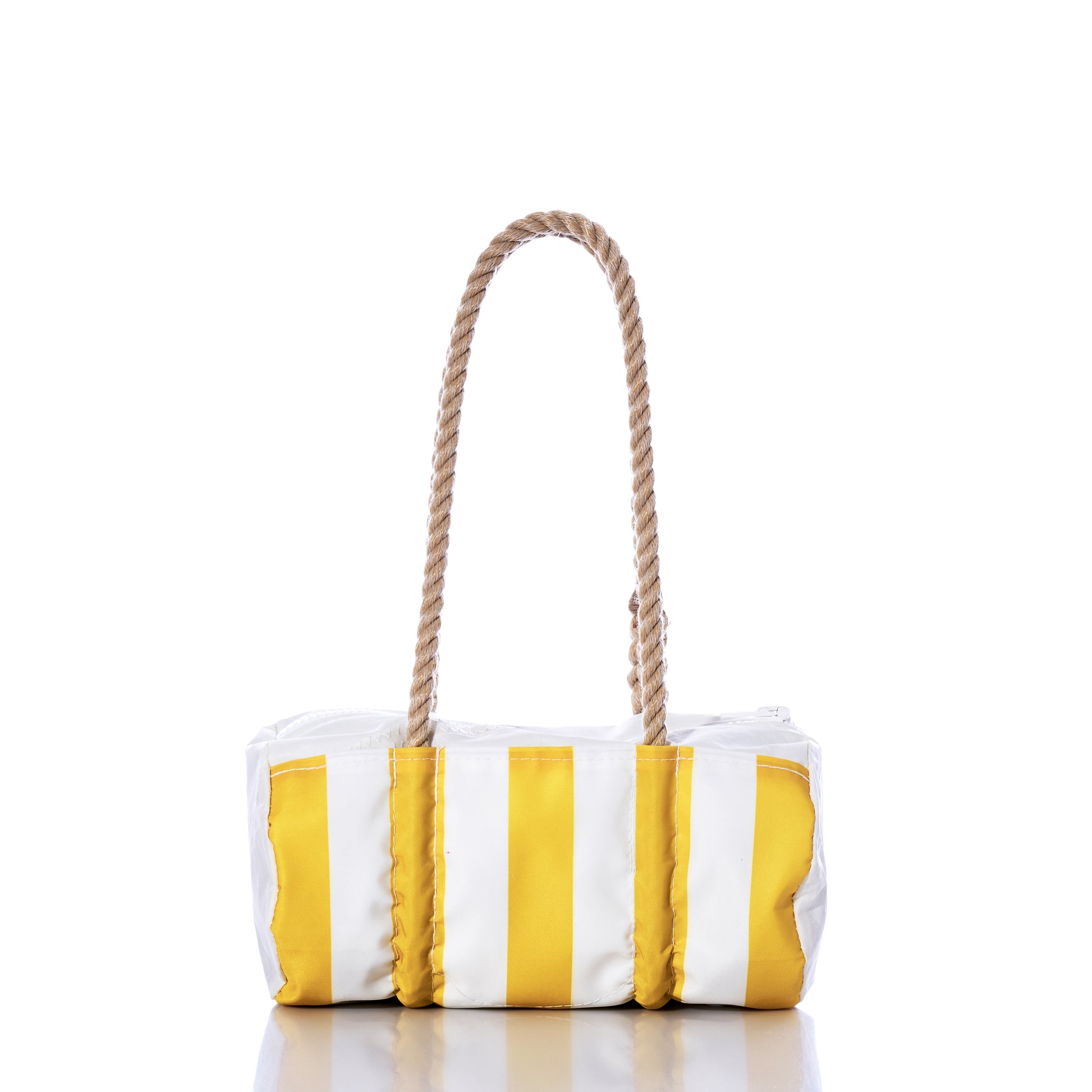 The Sun  Sea Stripe Baguette Bag by Sea Bags, featuring bold yellow and white nautical stripes and rope handles, is displayed against a white background. by Sea Bags