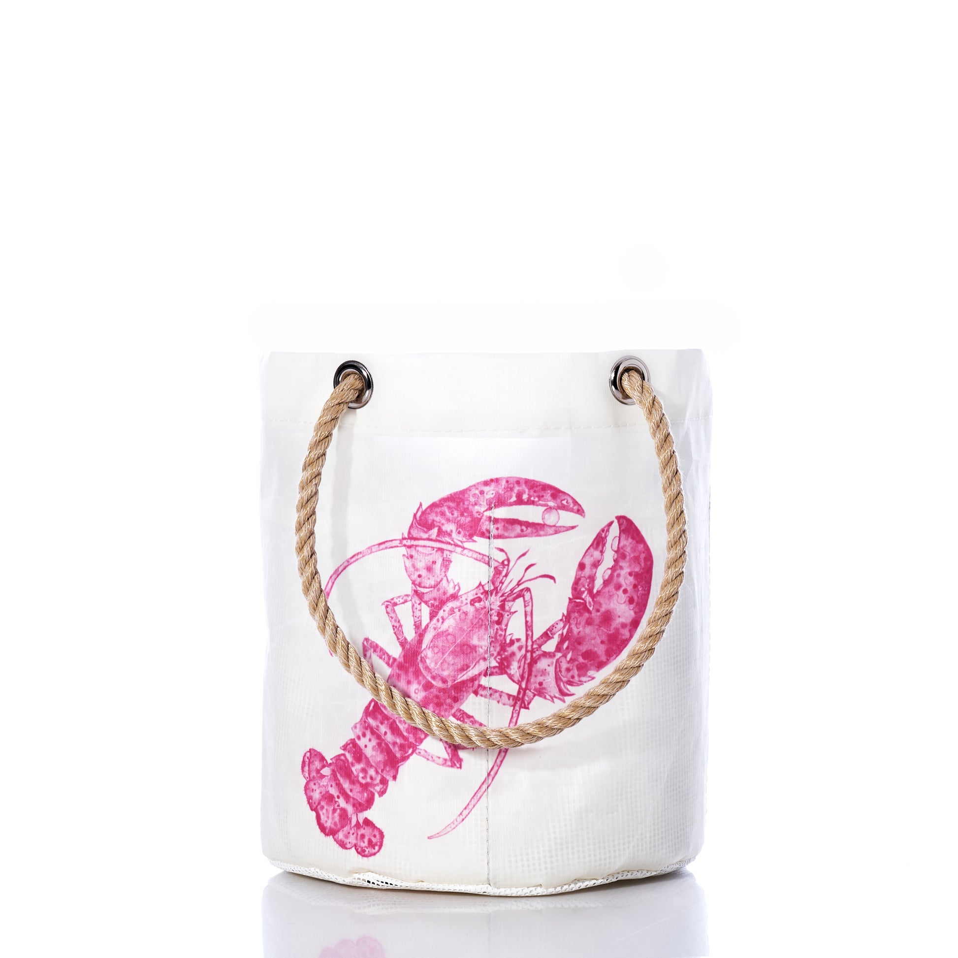 The Sea Bags Pink Lobster Beachcomber Bucket is crafted from recycled sail cloth and features a pink lobster print on the front, sturdy rope handles, and is shown on a white background. by Sea Bags