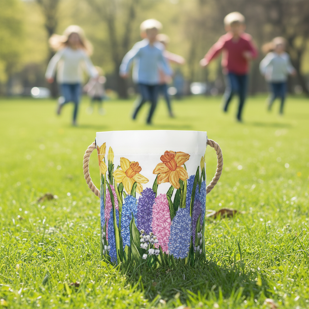 The Sea Bags Multi Floral Bucket Bag, made from recycled sail cloth, rests on grass while children run toward it in the background on a sunny day—creating a charming and eco-friendly option for an Easter basket. by Sea Bags