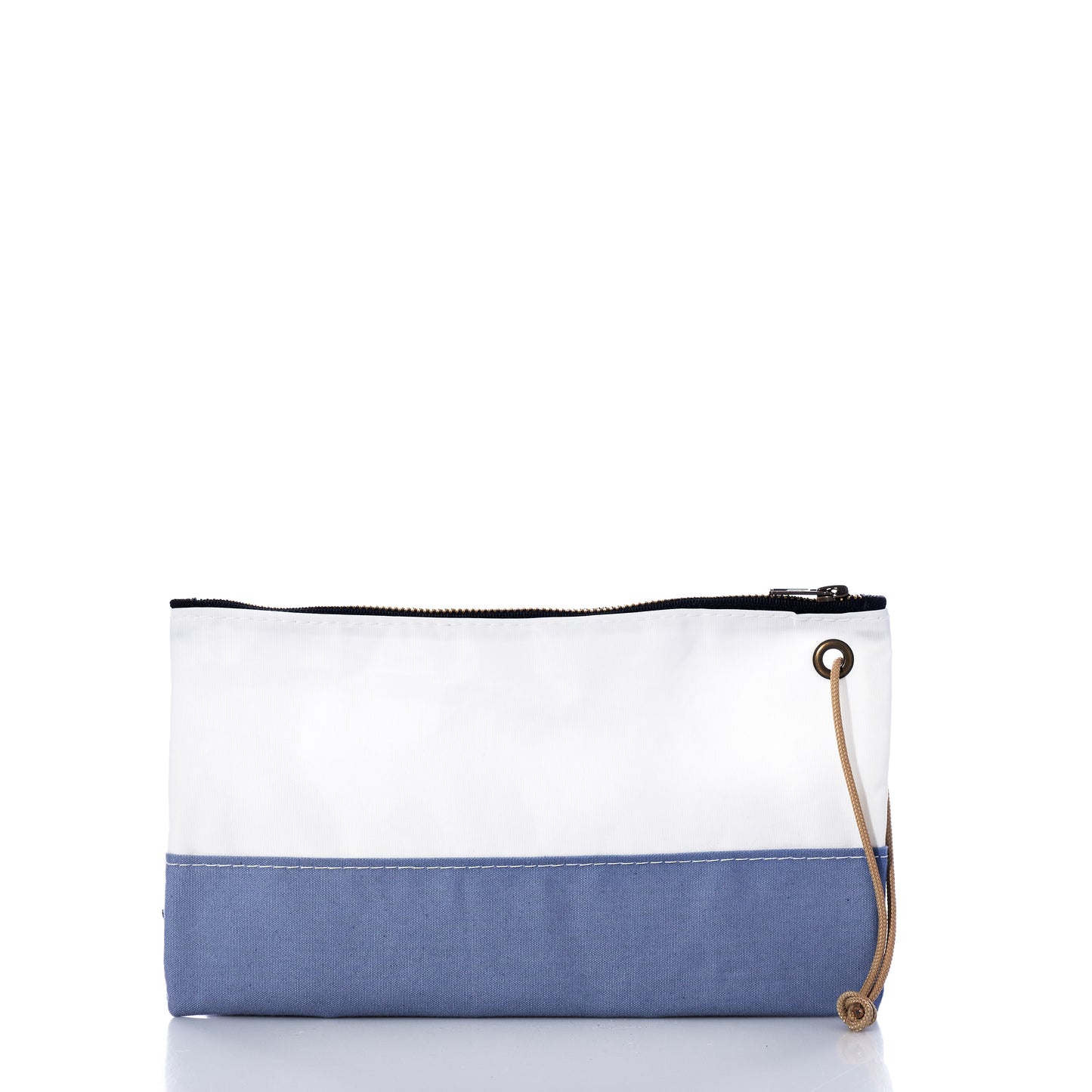 Rectangular pouch crafted by Sea Bags, featuring a white upper section, blue lower section inspired by the Chambray Blue Chebeague Large Wristlet, black zipper closure, and a tan cord loop on the right side—expertly made from upcycled materials for sustainable style. by Sea Bags