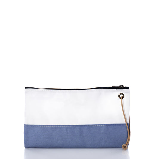 Rectangular pouch crafted by Sea Bags, featuring a white upper section, blue lower section inspired by the Chambray Blue Chebeague Large Wristlet, black zipper closure, and a tan cord loop on the right side—expertly made from upcycled materials for sustainable style. by Sea Bags