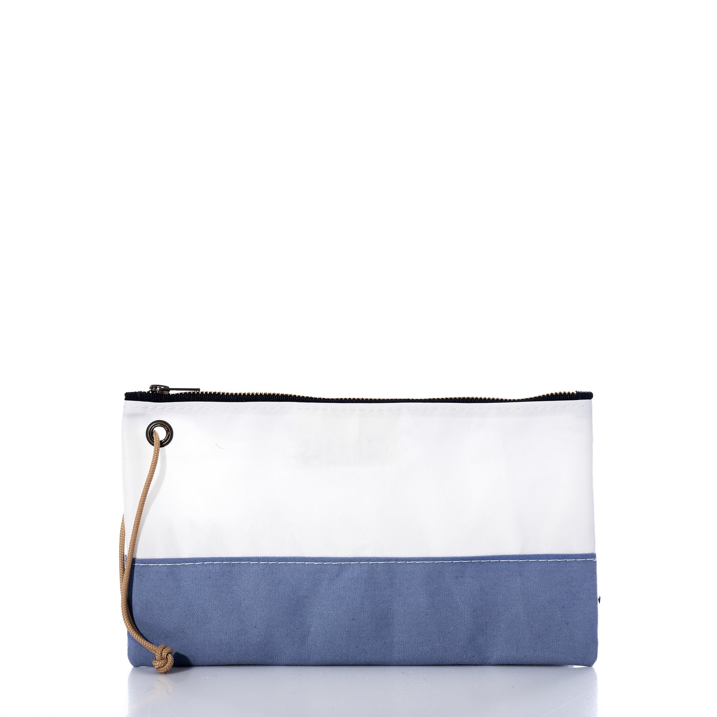 The Chambray Blue Chebeague Large Wristlet by Sea Bags is a rectangular pouch crafted from upcycled materials, featuring a white top half and a blue bottom half made from reclaimed sailcloth. It includes a black zipper and a tan wrist strap, and is displayed against a white background. by Sea Bags