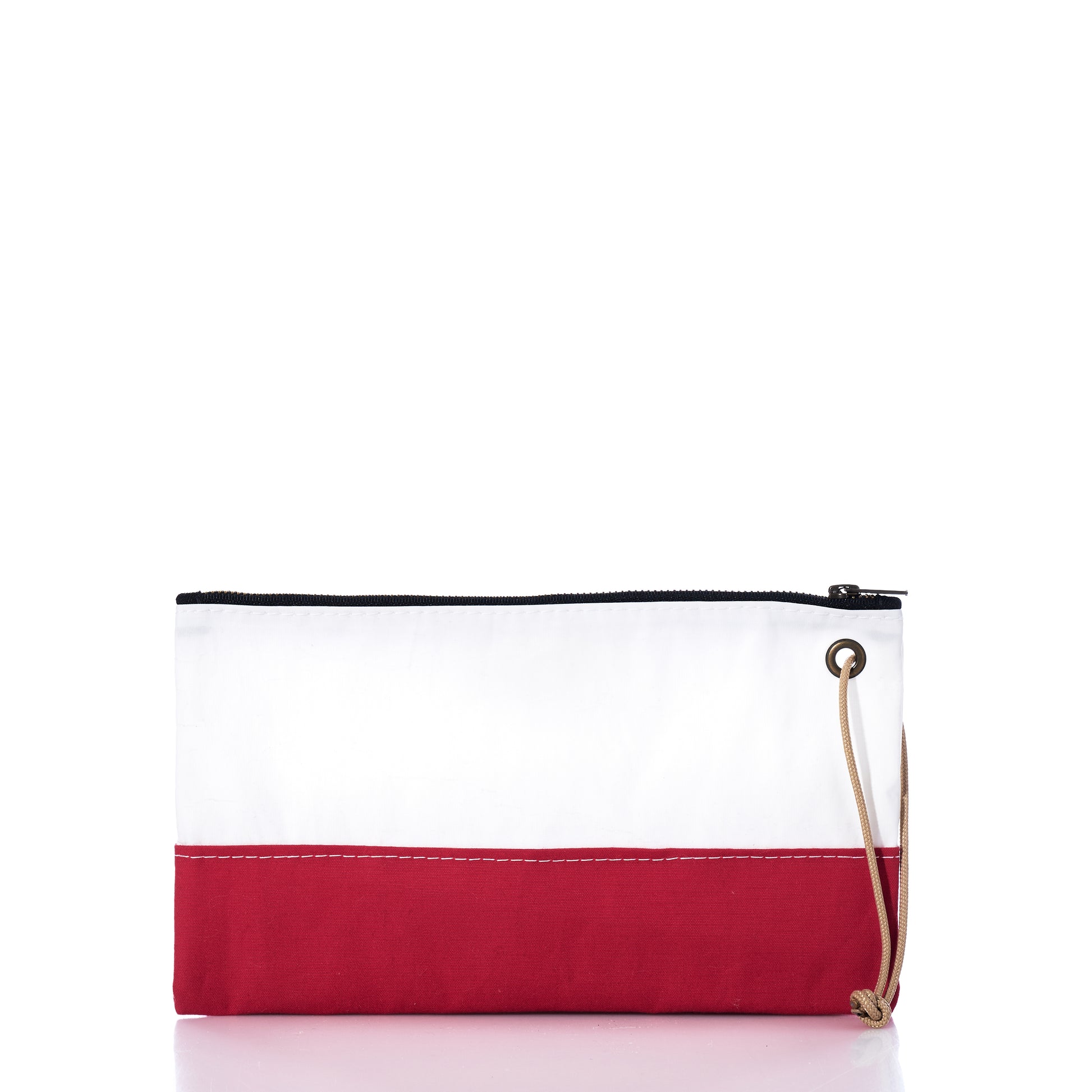 Crafted from reclaimed sailcloth, the Sea Bags Red Chebeague Large Wristlet features a rectangular design with a white top half, red bottom half, black zipper, and tan wrist strap—combining style and sustainability against a clean white background. by Sea Bags