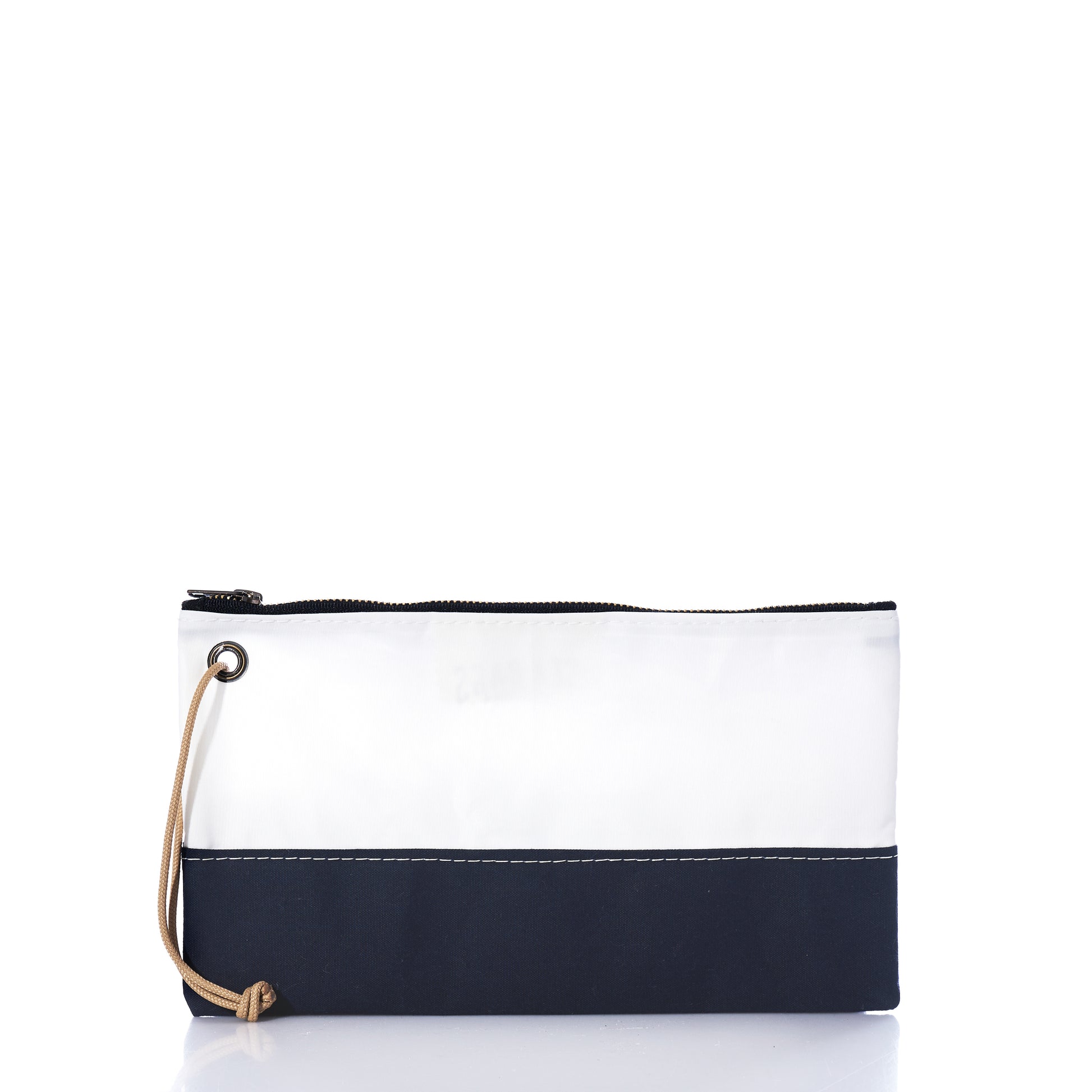 Introducing the Navy Chebeague Large Wristlet by Sea Bags—a rectangular zippered pouch made from reclaimed sailcloth. This stylish accessory showcases a distinctive design with a white upper section, navy blue bottom, visible stitching details, and a tan wrist strap on the left side. Combining sustainability with everyday functionality, this wristlet embodies Sea Bags’ commitment to upcycled materials and timeless style. by Sea Bags