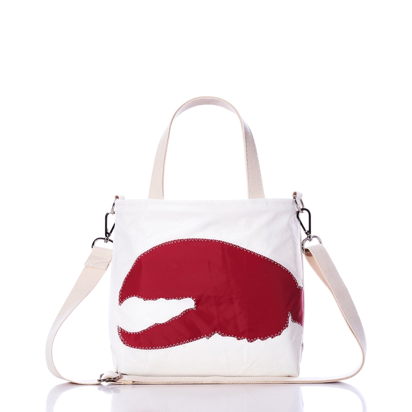 The Sea Bags Red Lobster Claw Crossbody Tote features a striking red lobster claw graphic on white canvas, complemented by beige handles and a detachable beige shoulder strap. Displayed on a white background, this eco-friendly tote seamlessly blends style and functionality for everyday use. by Sea Bags