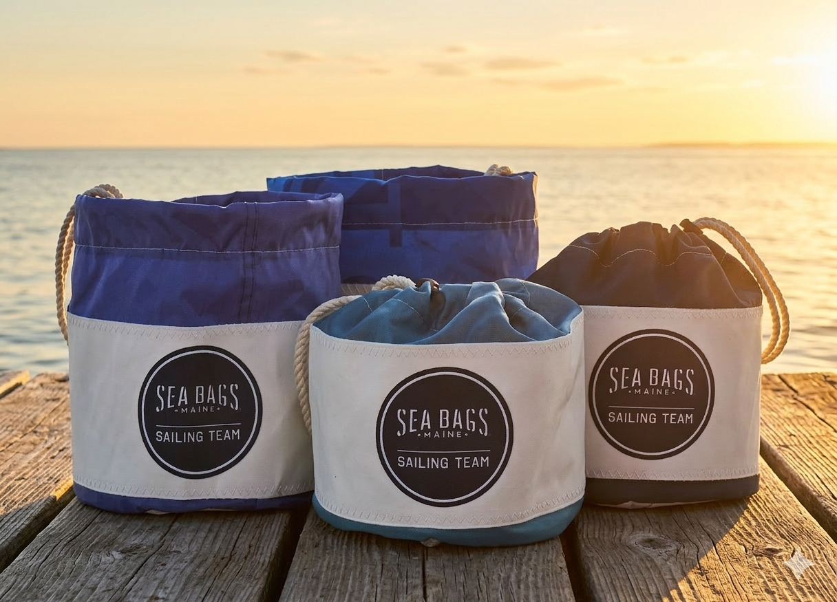 Four Race Day Ditty Bags from Sea Bags sit on a wooden dock by the water at sunset, showcasing the craftsmanship and sustainability of these recycled sail bags. by Sea Bags