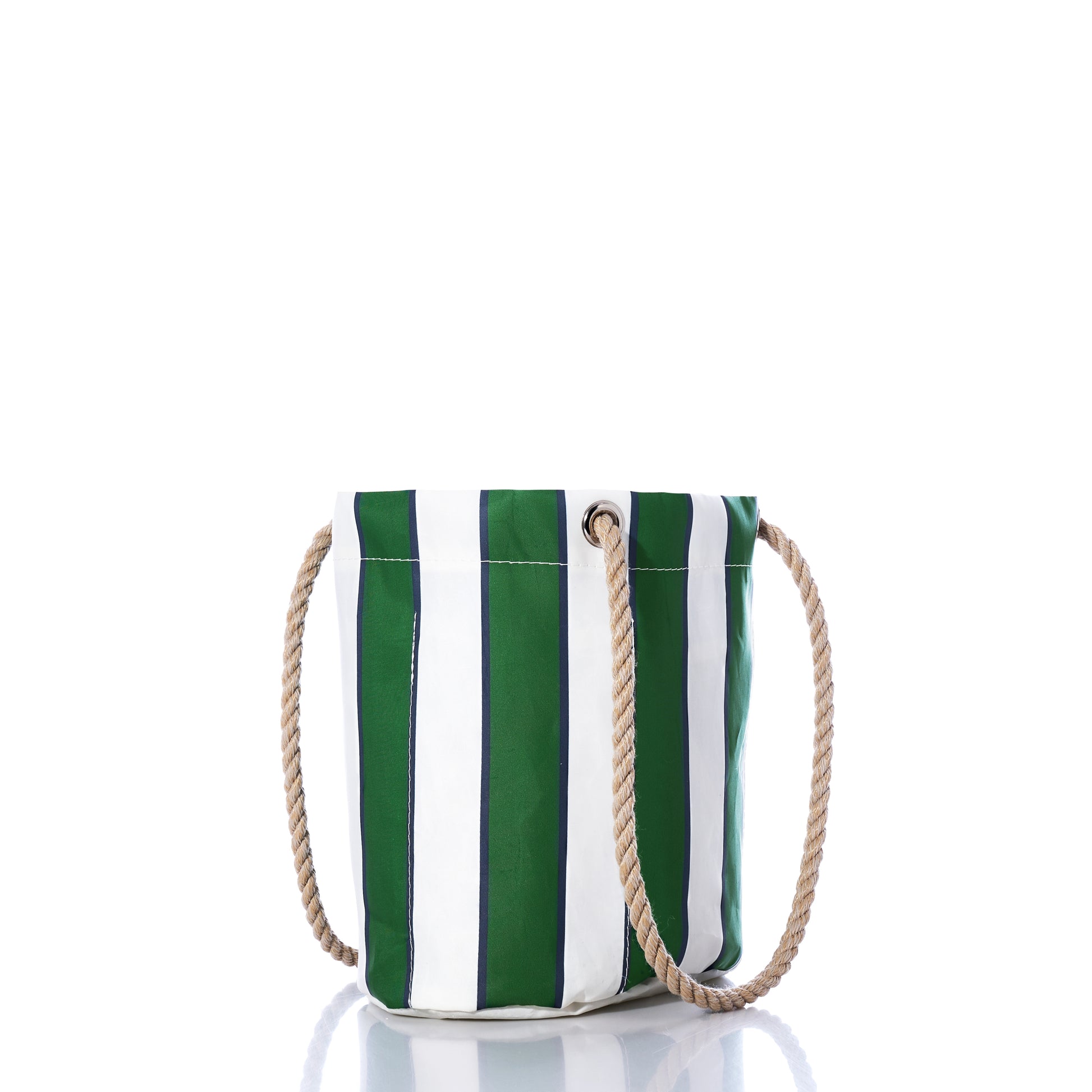 The Sea Bags Preppy Stripe Essential Handbag features classic green and white stripes, crafted from recycled sailcloth with rope handles. Displayed on a white background with a subtle reflection, this bucket bag adds timeless style to any ensemble. by Sea Bags