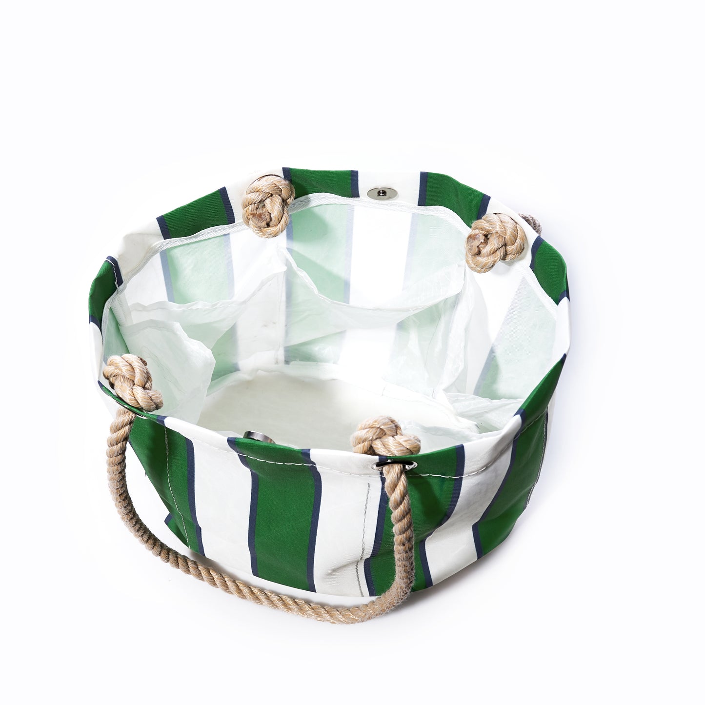 The Sea Bags Preppy Stripe Essential Handbag—a green and white striped canvas bag with rope handles, crafted from recycled sailcloth—exudes classic collegiate charm and is shown in an overhead view against a white background. by Sea Bags