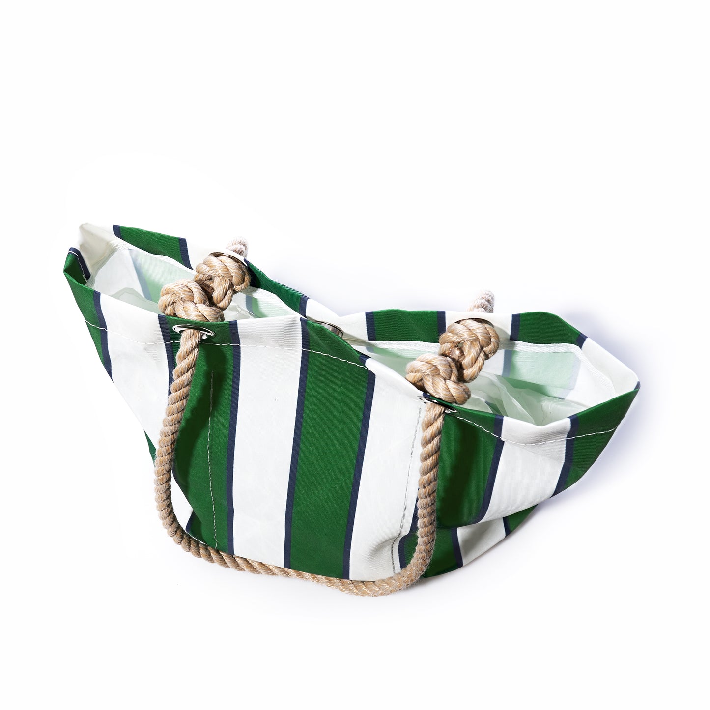 Sea Bags Preppy Stripe Essential Handbag, featuring green and white striped canvas and thick rope handles inspired by classic collegiate style, photographed against a white background. by Sea Bags