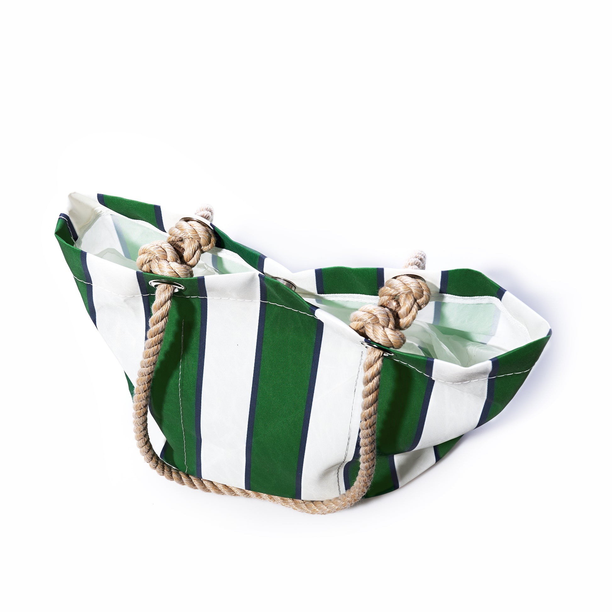 Sea Bags Preppy Stripe Essential Handbag, featuring green and white striped canvas and thick rope handles inspired by classic collegiate style, photographed against a white background. by Sea Bags
