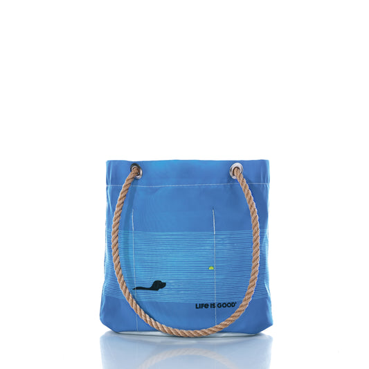 Sea Bags Life is Good Dog Days Essential Handbag—a blue tote bag with rope handles, featuring a simple graphic of a person swimming and the words LIFE IS GOOD on the front. This stylish and practical handbag is perfect for everyday adventures. by Sea Bags