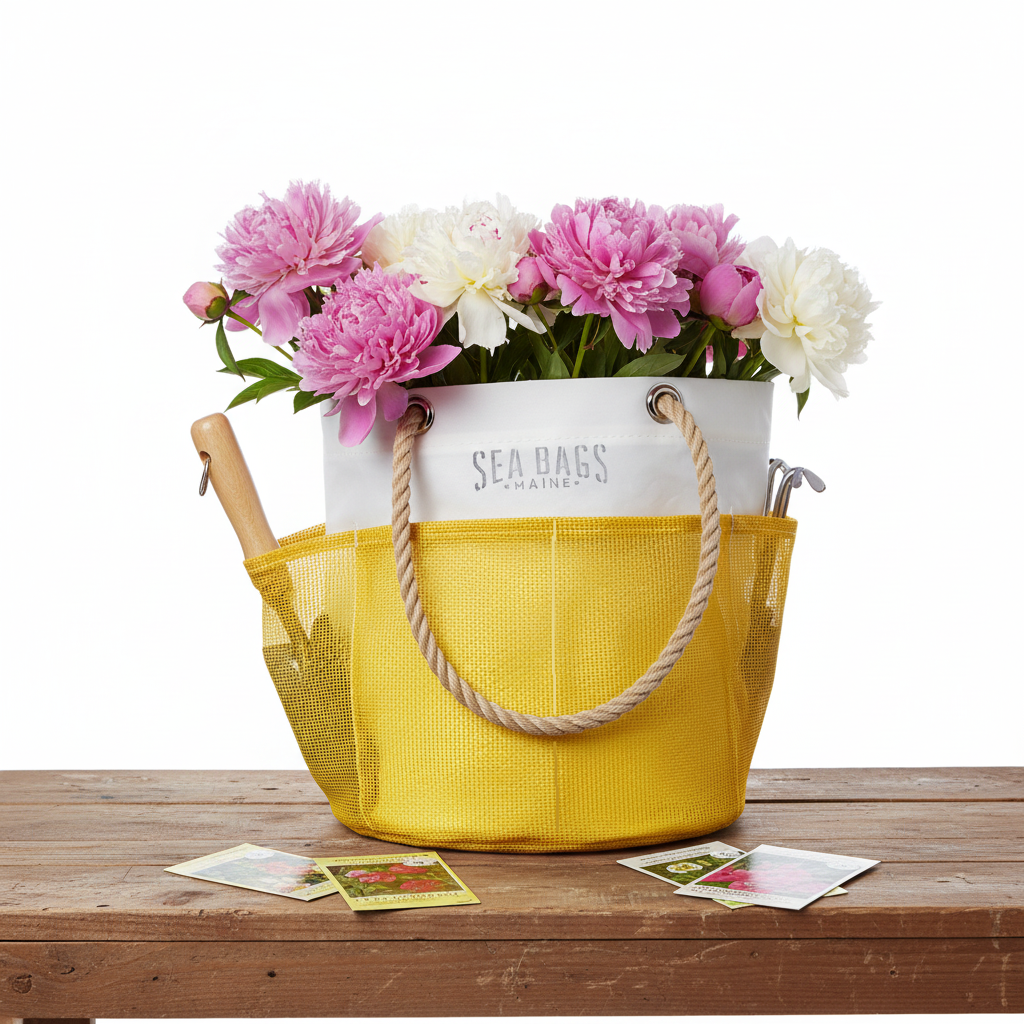 The Goldenrod Gardeners Bucket Bag by Sea Bags, featuring a yellow and white design, serves as the perfect gardener’s bucket. It holds pink and white flowers along with essential gardening tools inside. The tote is displayed on a wooden table with seed packets neatly arranged in front. by Sea Bags