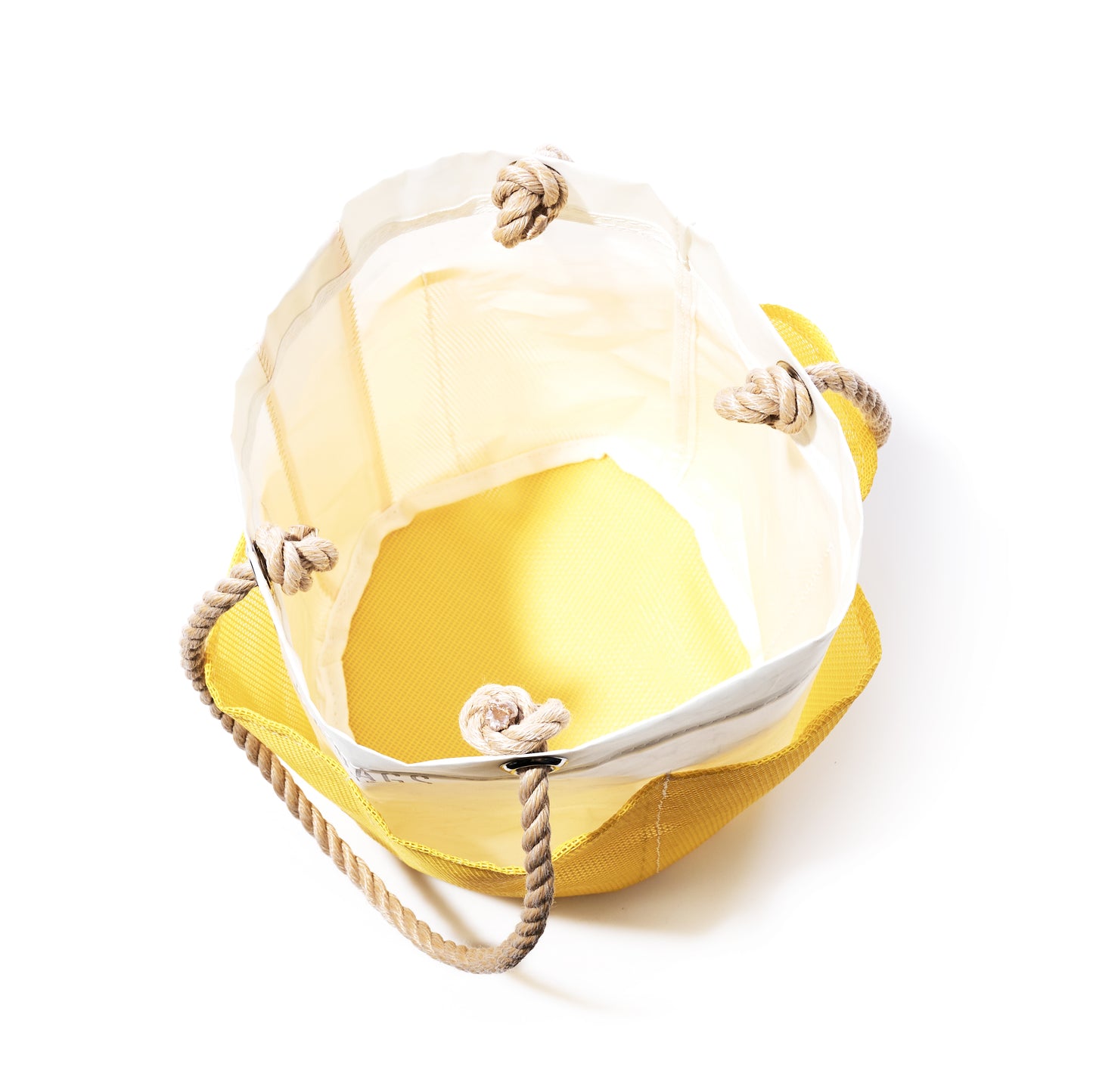 Top view of the Sea Bags Goldenrod Gardeners Bucket Bag, an empty yellow and white fabric tote with rope handles, perfect for organizing and storing your gardening essentials, photographed on a white background. by Sea Bags