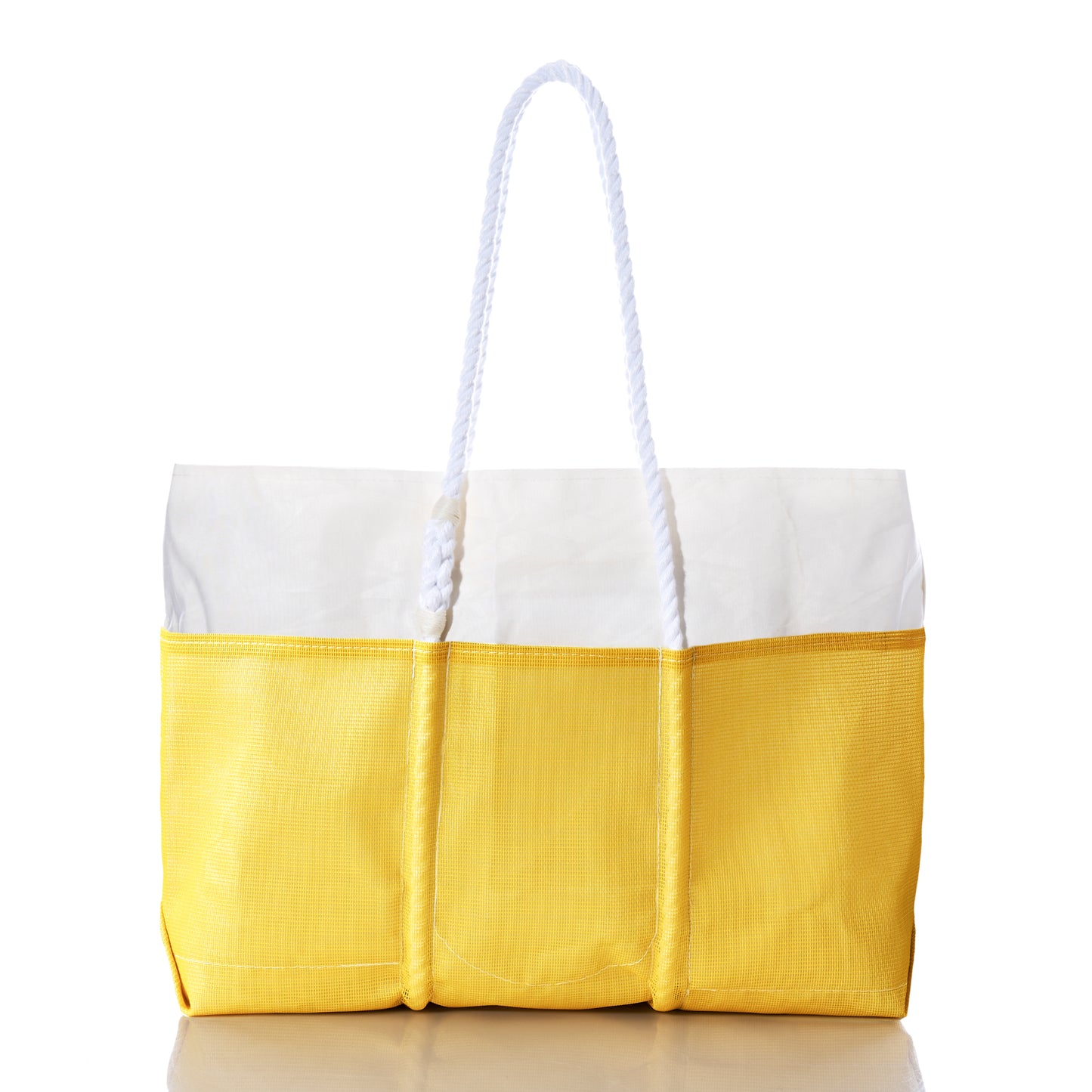 The Sea Bags Goldenrod Beachcomber Tote is a yellow and white recycled sail tote featuring three outer pockets, sturdy rope handles, and a reflective surface underneath, displayed against a plain white background. by Sea Bags