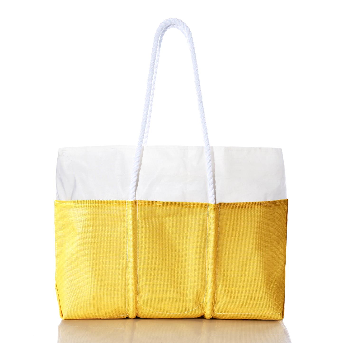The Sea Bags Goldenrod Beachcomber Tote, featuring yellow and white stripes with sturdy rope handles, is standing upright on a white background. by Sea Bags