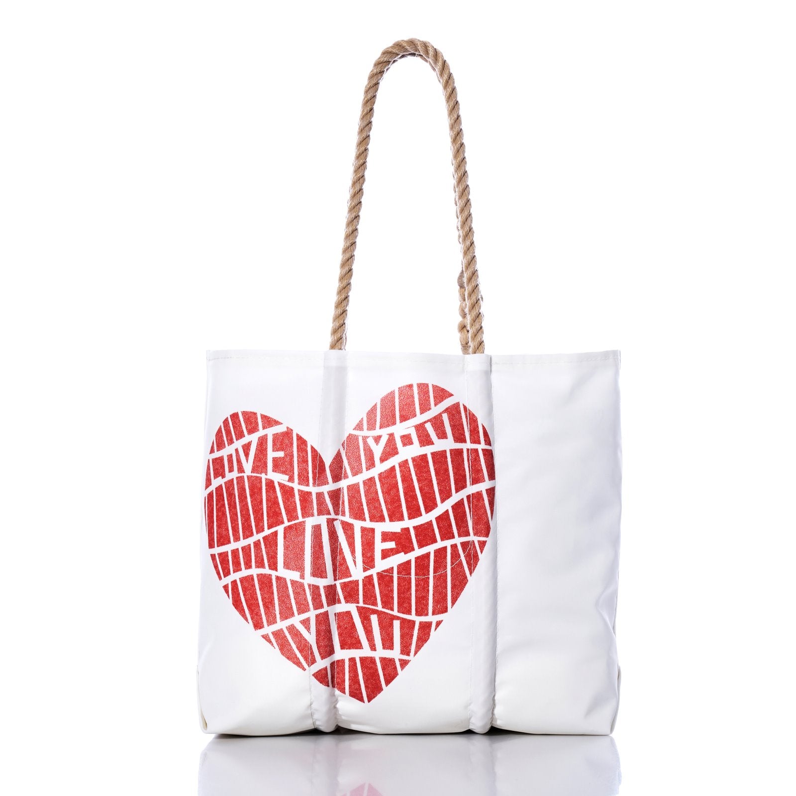 The Sea Bags Love Notes Medium Tote is a stylish and eco-friendly white recycled sailcloth tote with rope handles, showcasing a bold mosaic heart design—a large red heart made of mosaic-like segments with the word LOVE written inside. by Sea Bags