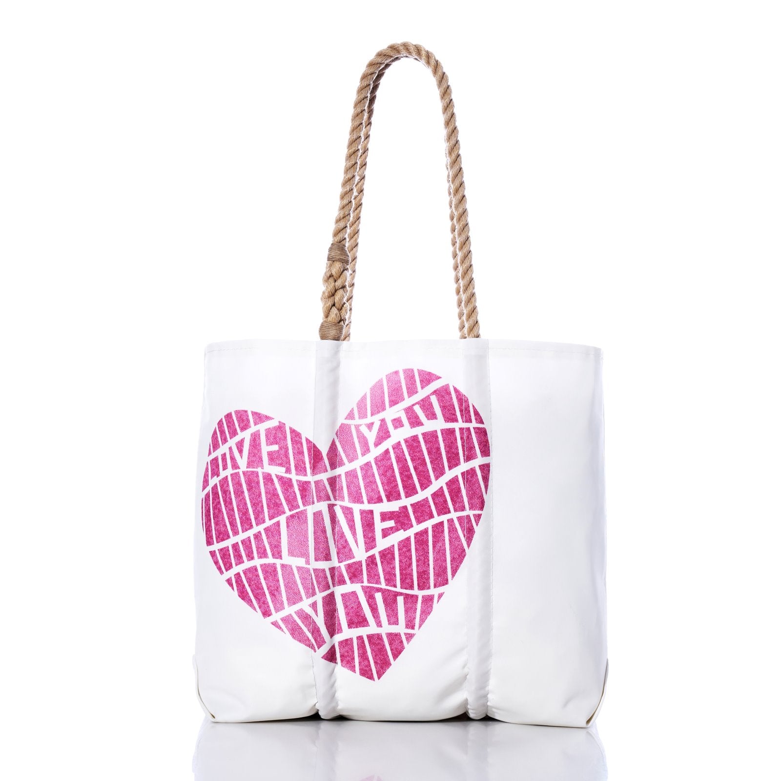 Introducing the Love Notes Medium Tote by Sea Bags—a white recycled sailcloth tote with tan rope handles, adorned with a large pink mosaic heart design that repeats the words LOVE YOU inside. This stylish and sustainable bag is perfect for everyday use. by Sea Bags