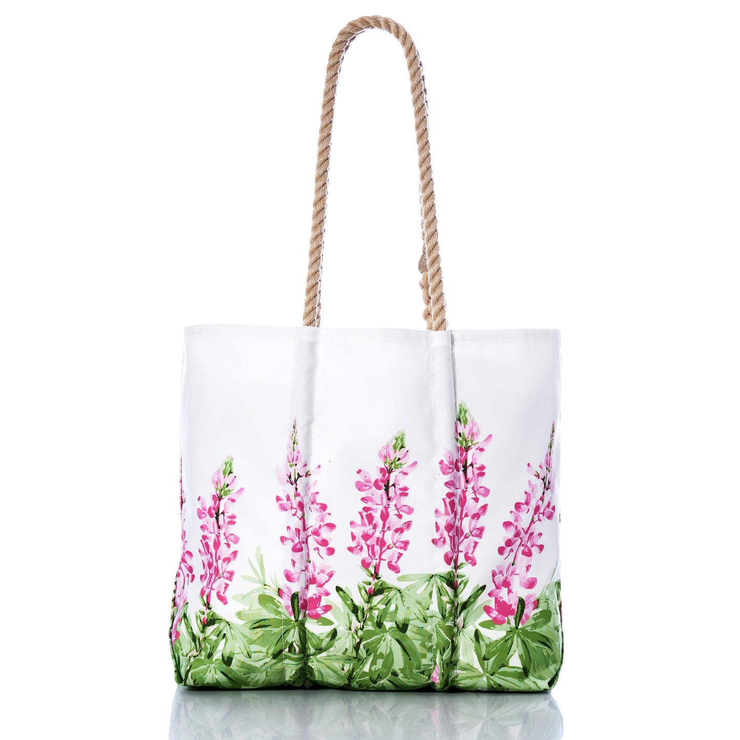 Introducing the Pink Lupine Medium Tote by Sea Bags—a sustainable everyday bag adorned with a pink and green wildflower print, inspired by the beauty of Maine lupines. Featuring two sturdy rope handles, this tote is displayed on a white background. by Sea Bags