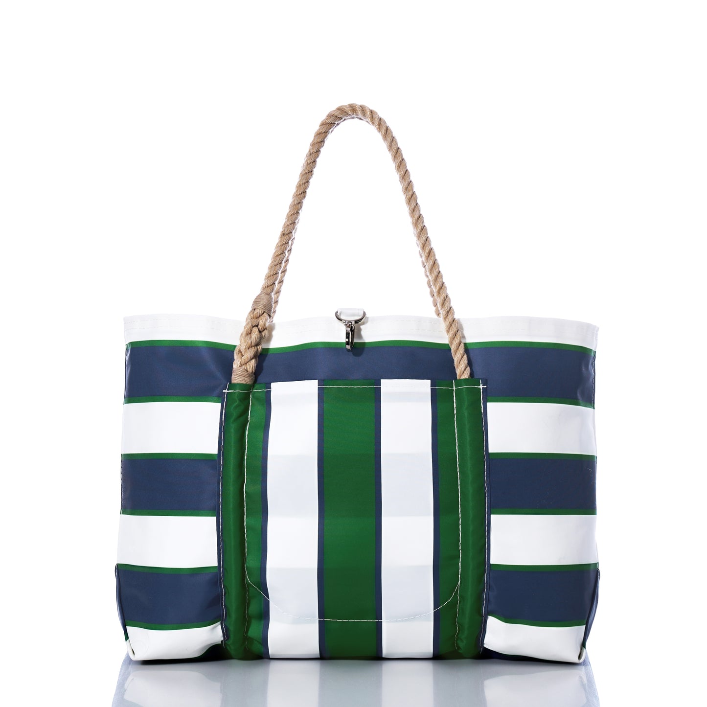 The Sea Bags Preppy Stripe Pier Tote is a spacious bag crafted from recycled sail cloth, showcasing bold navy blue, green, and white vertical and horizontal stripes. Featuring iconic New England rope handles and a metallic clasp, this stylish tote is presented against a clean white background. by Sea Bags