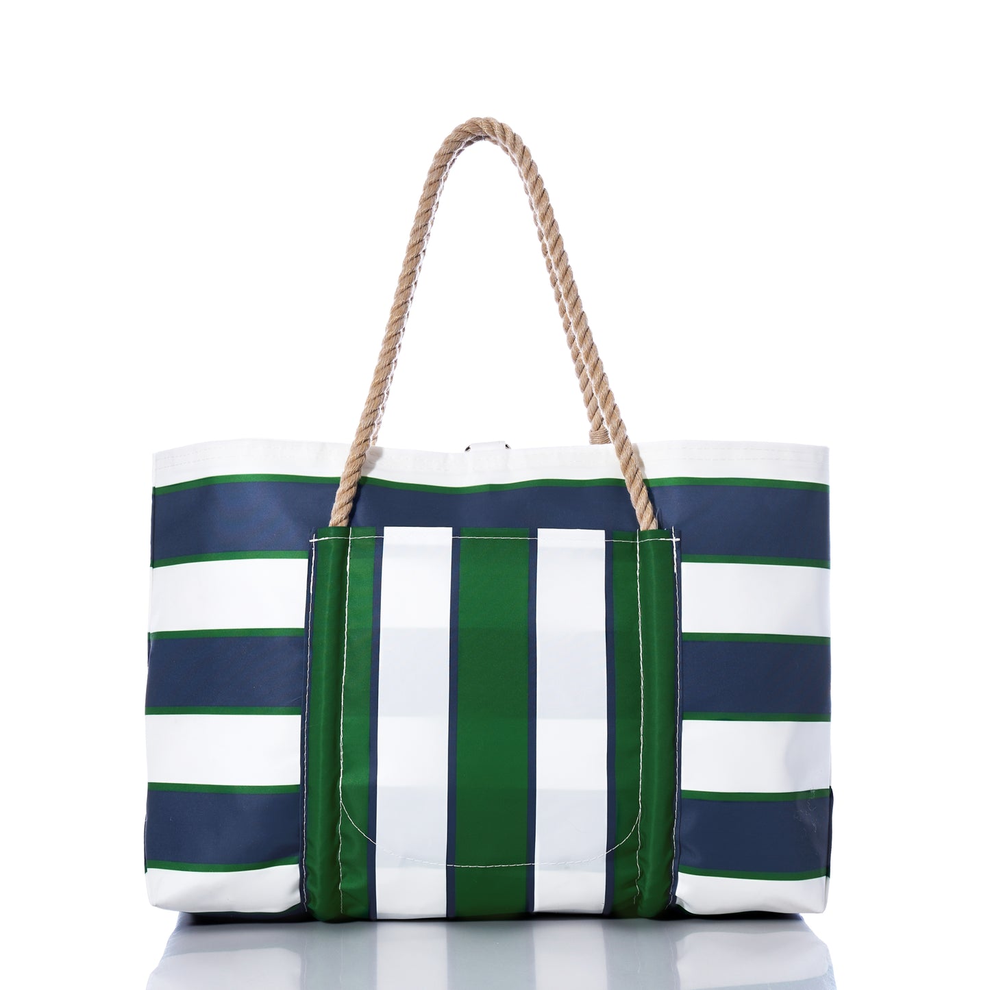 Sea Bags Preppy Stripe Pier Tote featuring bold navy, green, and white horizontal stripes, classic New England rope handles, and a handy front pocket. Expertly crafted from recycled sail cloth for sustainability, this tote is shown on a reflective white surface. by Sea Bags