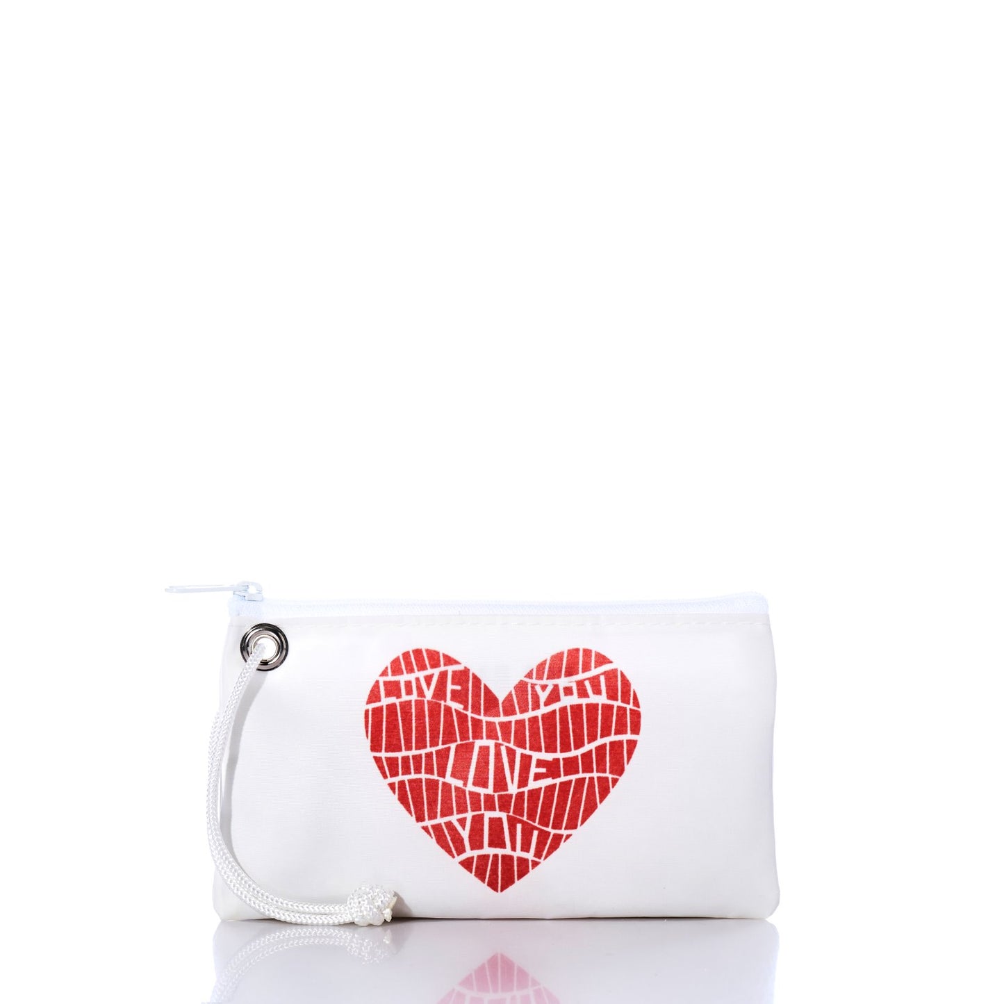 The Love Notes Wristlet by Sea Bags, crafted from recycled sailcloth, features a zippered pouch with a drawstring and a striking red mosaic heart graphic with the word LOVE in a mosaic pattern on the front. Photographed on a white background, this delightful accessory blends eco-friendly style and heartfelt design—making it a thoughtful Valentine’s Day gift. by Sea Bags