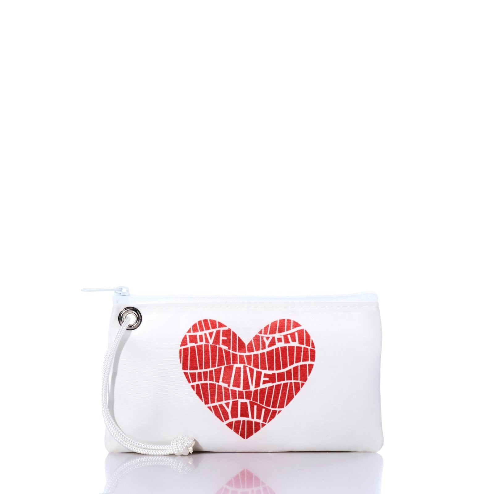 The Love Notes Wristlet by Sea Bags, crafted from recycled sailcloth, features a zippered pouch with a drawstring and a striking red mosaic heart graphic with the word LOVE in a mosaic pattern on the front. Photographed on a white background, this delightful accessory blends eco-friendly style and heartfelt design—making it a thoughtful Valentine’s Day gift. by Sea Bags