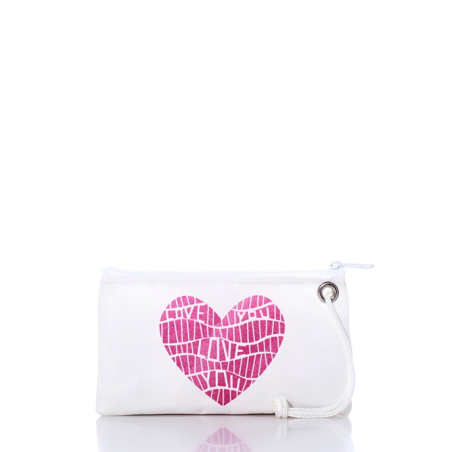 The Sea Bags Love Notes Wristlet is a small white zippered pouch with a pink mosaic heart graphic filled with the repeated words LOVE YOU, and features a white wrist strap on the right side—making it a charming Valentine’s Day gift. by Sea Bags
