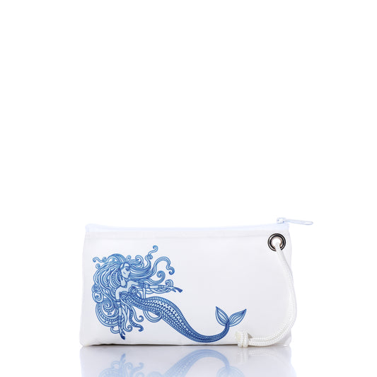 The Sea Bags Paisley Mermaid Wristlet, handcrafted in Maine from recycled sailcloth, features a blue paisley mermaid illustration on white, a secure zipper closure, and a white wrist strap attached to a metal grommet, all displayed against a white background. by Sea Bags