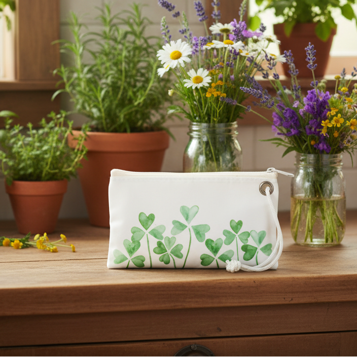 A Sea Bags Field of Clover Wristlet, made from recycled sailcloth and featuring green clover prints, rests on a wooden table amid potted herbs and fresh-cut flowers—an inviting display of sustainable style. by Sea Bags