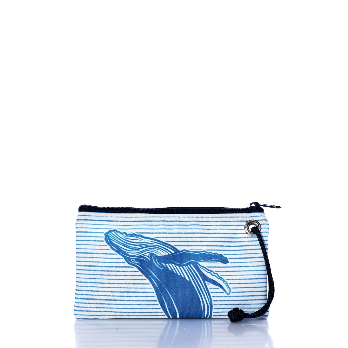 Introducing the Whale Watch Wristlet by Sea Bags—a rectangular zippered pouch handcrafted in Maine from recycled sailcloth. This stylish wristlet features a blue whale illustration with horizontal blue stripes and includes a black strap on the right side, making it perfect for your next adventure. by Sea Bags