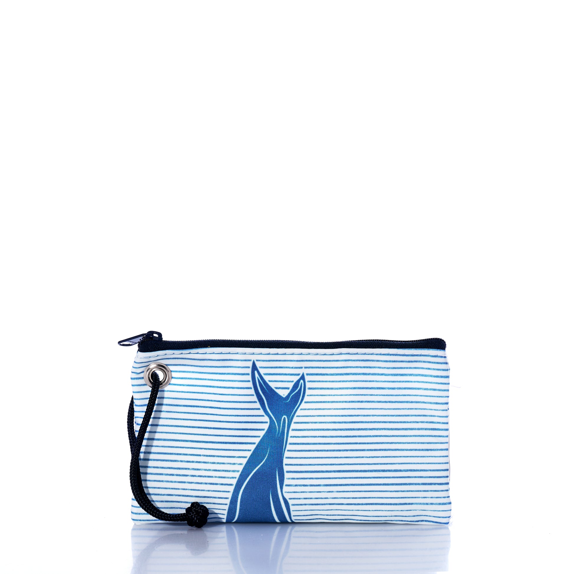The Sea Bags Whale Watch Wristlet is a small zippered pouch handcrafted in Maine from recycled sailcloth, featuring blue and white stripes, a black cord wrist strap, and a blue whale tail design on the front. This unique accessory is photographed against a white background. by Sea Bags