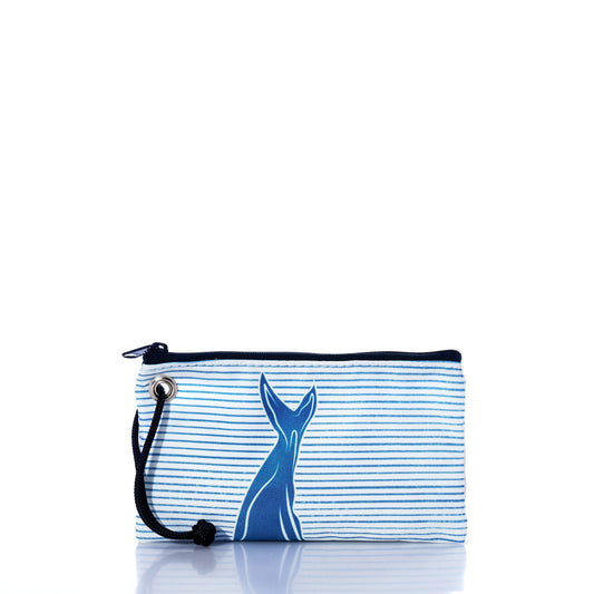 The Sea Bags Whale Watch Wristlet is a small zippered pouch handcrafted in Maine from recycled sailcloth, featuring blue and white stripes, a black cord wrist strap, and a blue whale tail design on the front. This unique accessory is photographed against a white background. by Sea Bags