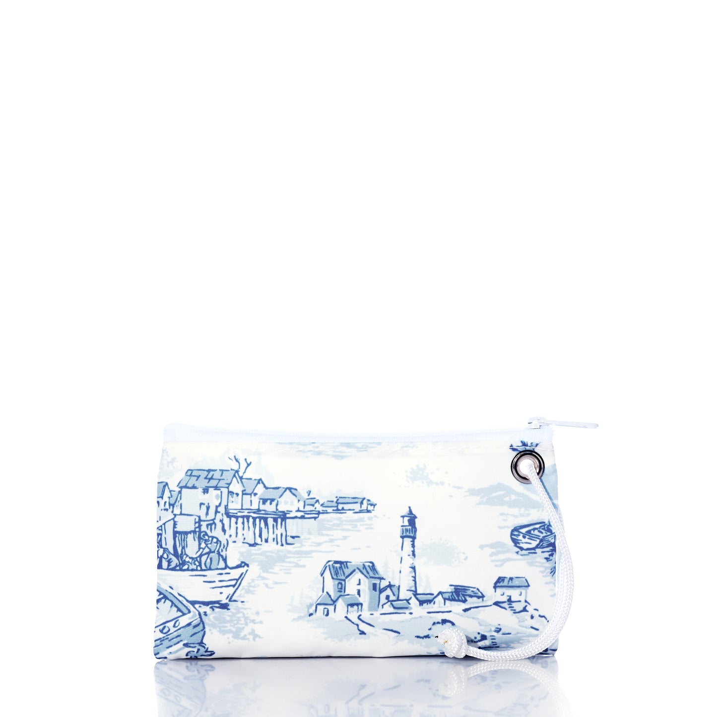 Introducing the Sea Bags Maine Fishing Village Wristlet—a small white zippered pouch made from recycled sail cloth, adorned with a blue coastal village and lighthouse illustration. It features a durable white rope wrist strap with a knotted end, making it the perfect nautical clutch for your seaside adventures. by Sea Bags