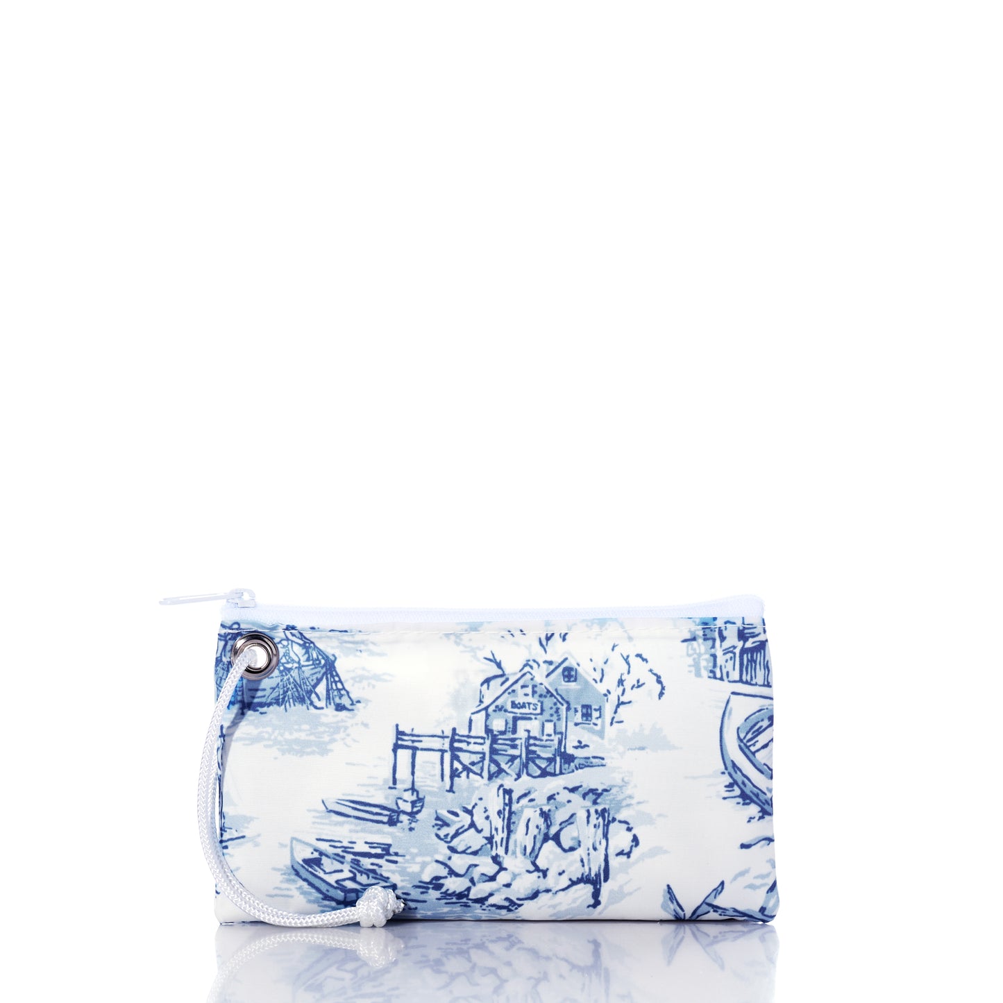 The Maine Fishing Village Wristlet by Sea Bags is a white zippered pouch made from recycled sail cloth, adorned with a blue scenic print and finished with a white wrist strap—a perfect coastal accessory, shown against a white background. by Sea Bags